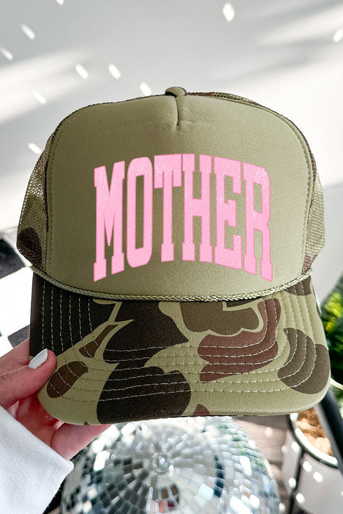 Pretty In Pink Mother Otto Camo with Moss Green Foam Front Trucker Hat