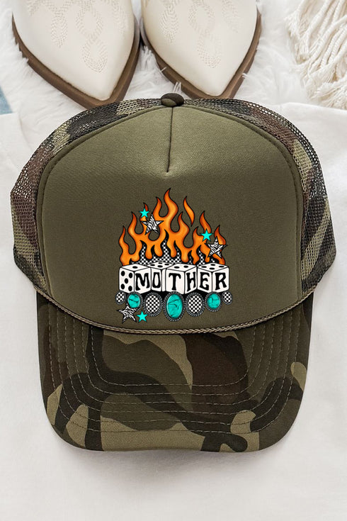 Concho Flames Mother Otto Camo with Moss Green Foam Front Trucker Hat
