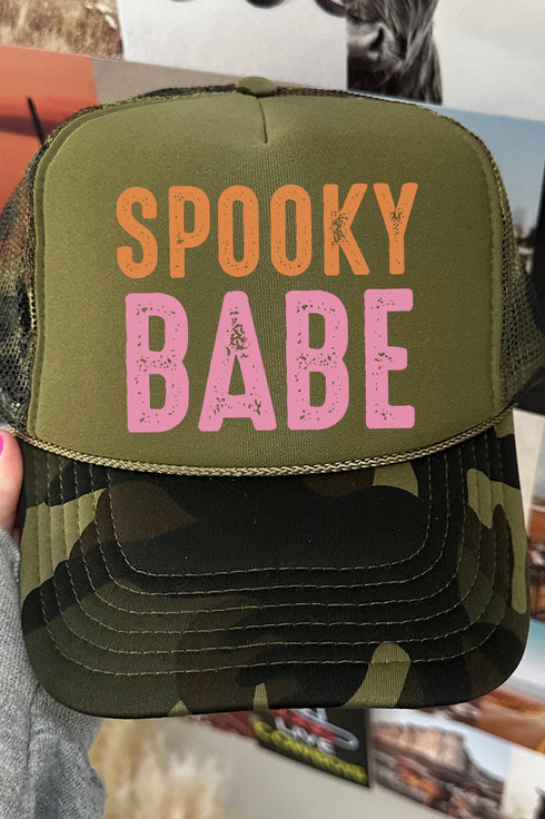 Distressed Spooky Babe Otto Camo with Moss Green Foam Front Trucker Hat
