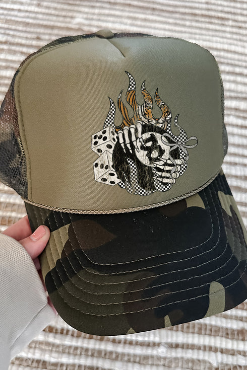 Flamin' 8 Ball Otto Camo with Moss Green Foam Front Trucker Hat