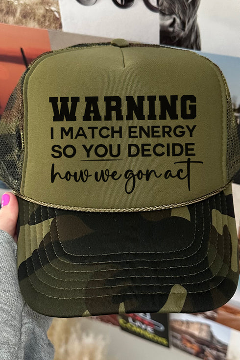 Warning I Match Energy Otto Camo with Moss Green Foam Front Trucker Hat