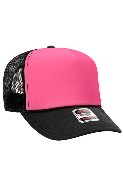 OTTO Black with Neon Pink Foam Front High Crown Trucker Hat
