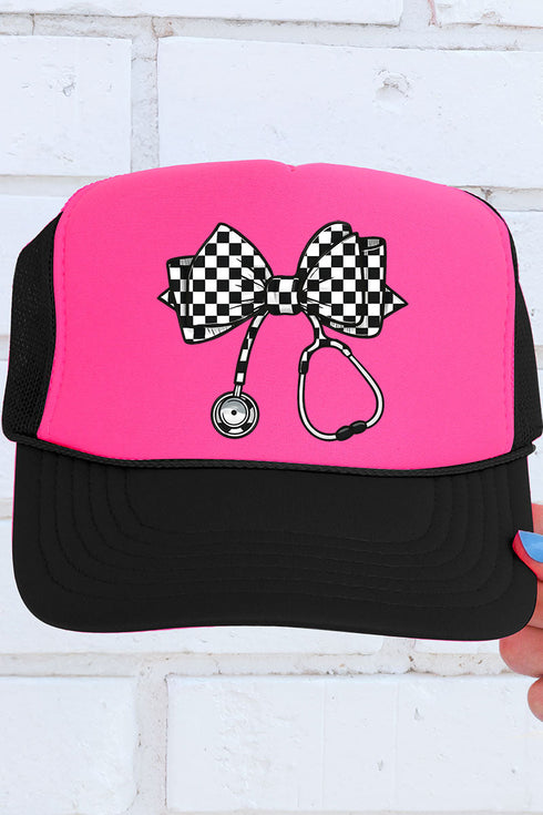 Checkered Black Stethoscope Otto Black with Neon Pink Foam Front Trucker Hat