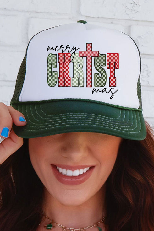 Checkered Merry CHRISTmas Otto Dark Green with White Foam Front Trucker Hat
