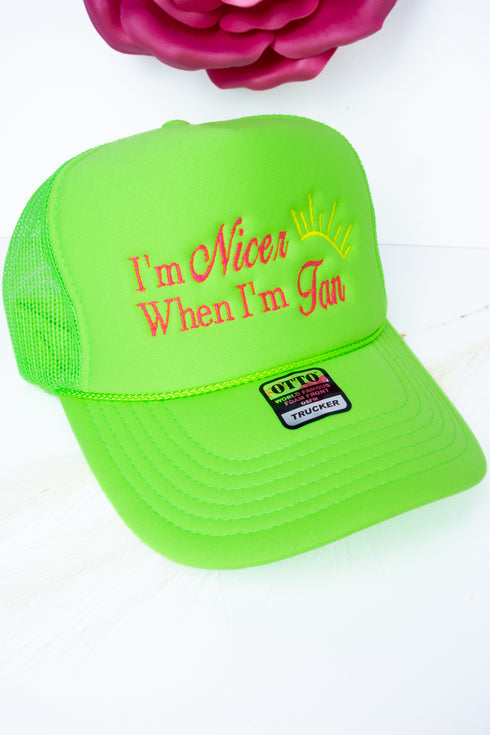 Nicer When I'm Tan Embroidered Otto Neon Green Foam Front Trucker Hat