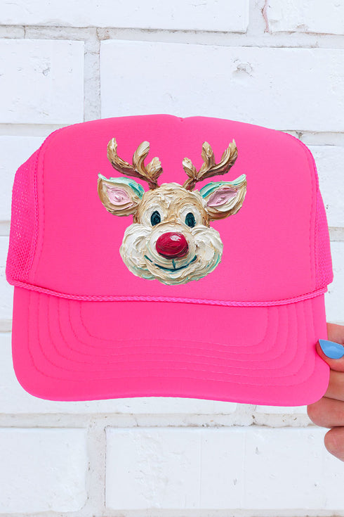 The Colorful Painted Reindeer Otto Neon Pink Foam Front Trucker Hat