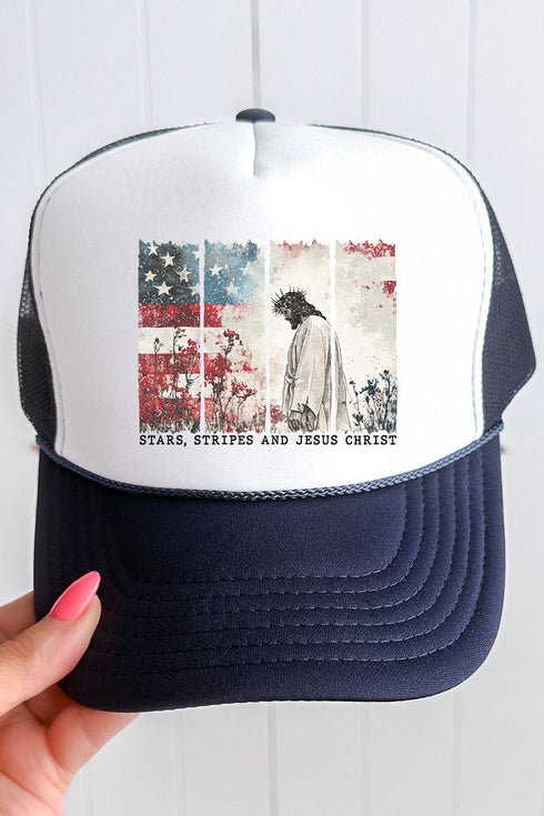 Stars, Stripes, & Jesus Christ Otto Navy with White Foam Front Trucker Hat