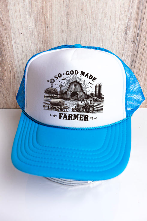 So God Made A Farmer Neon Blue with White Foam Front Trucker Hat