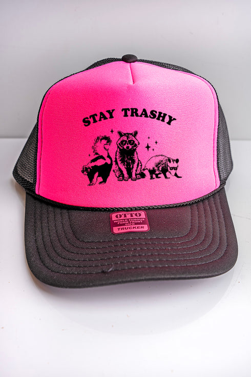 Stay Trashy Black with Neon Pink Foam Front Trucker Hat