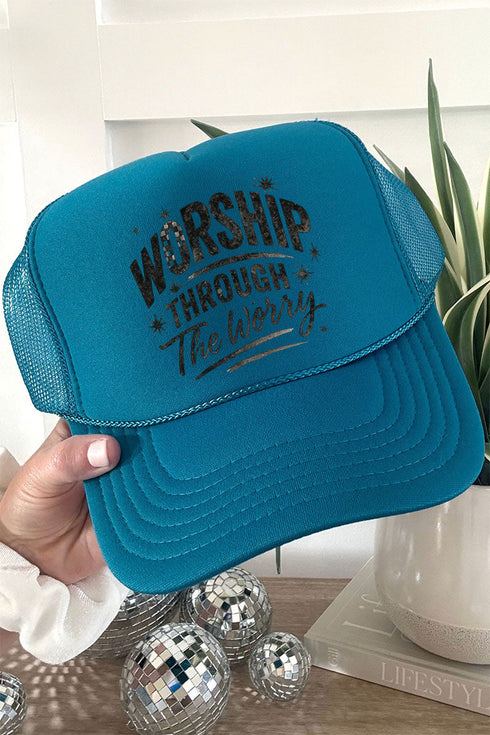 Black Worship Through The Worry Otto Turquoise Foam Front Trucker Hat