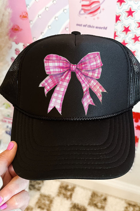 Hot Pink Gingham Bow Otto Black Foam Front Trucker Hat