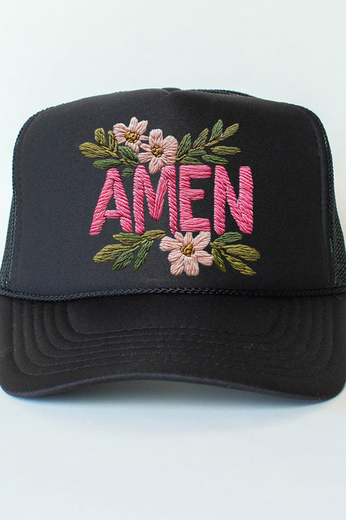 Pink Amen Faux Embroidery Otto Black Foam Front Trucker Hat