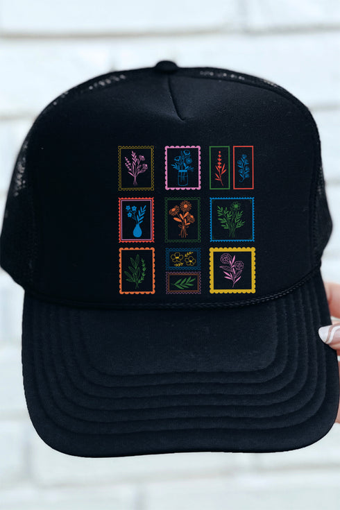 Whimsical Floral Stamps Otto Black Foam Front Trucker Hat