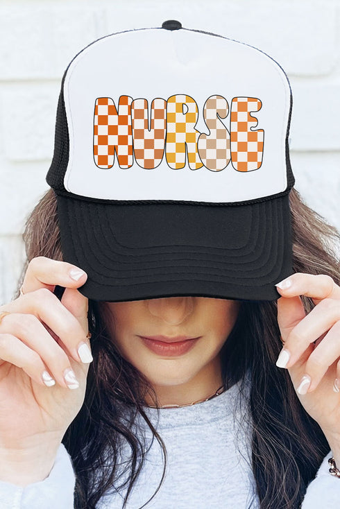 Checkered Autumn Nurse Otto Black with White Foam Front Trucker Hat