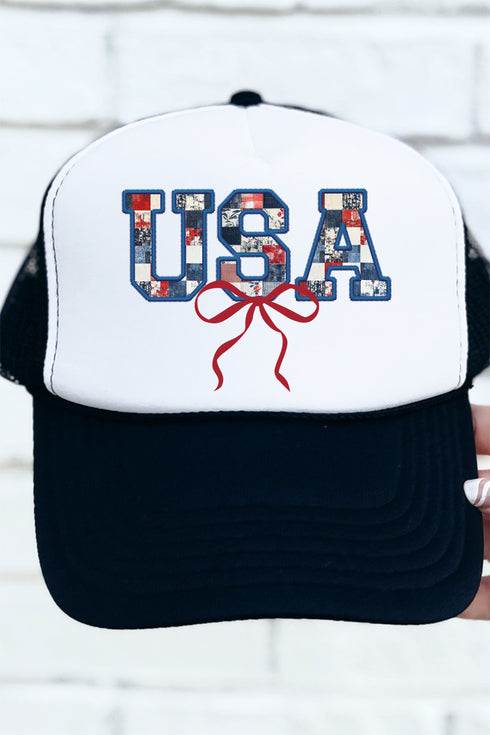 Faux Patchwork USA Otto Black with White Foam Front Trucker Hat