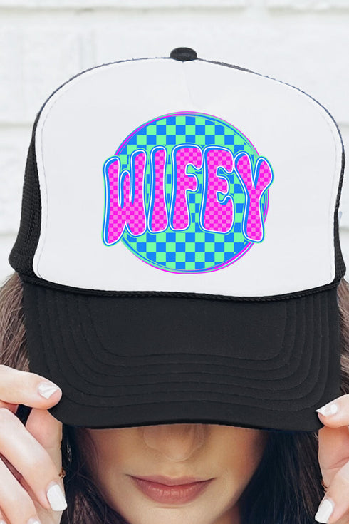 Neon Checkered Wifey Otto Black with White Foam Front Trucker Hat