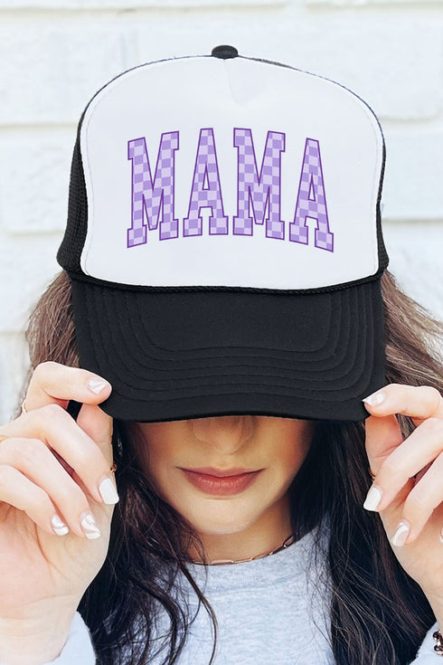 Purple Checkered Mama Otto Black with White Foam Front Trucker Hat