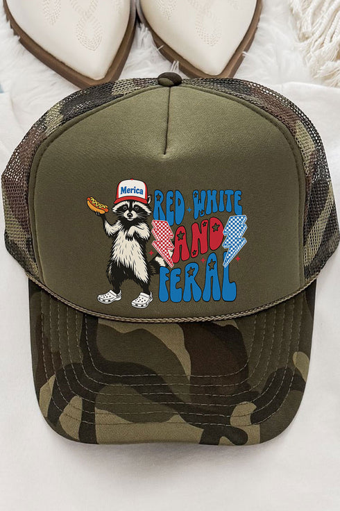 Red, White, And Feral Otto Camo with Olive Green Foam Front Trucker Hat