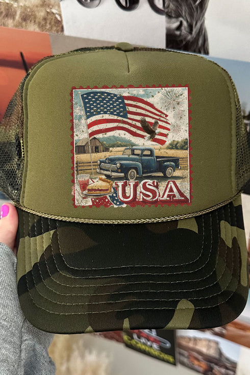 Vintage USA Stamp Otto Camo with Olive Green Foam Front Trucker Hat
