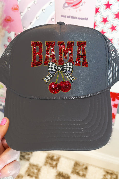 Faux Sequin Cherry Bama Otto Charcoal Gray Foam Front Trucker Hat