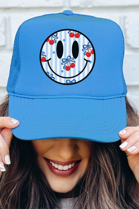 Cherry USA Happy Face Otto Columbia Blue Foam Front Trucker Hat