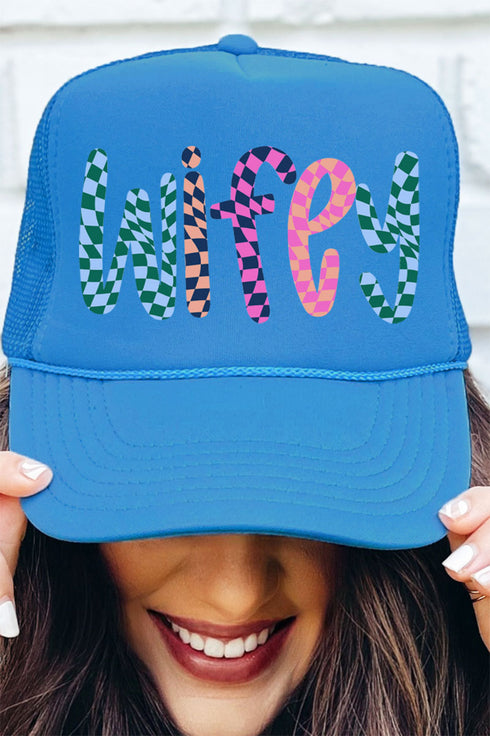 Wavy Checkered Wifey Otto Columbia Blue Foam Front Trucker Hat