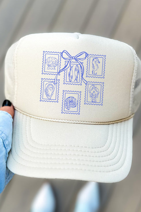 Coquette Coastal Stamps Otto Khaki Foam Front Trucker Hat