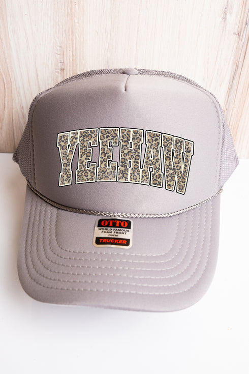 Arched Yeehaw Leopard Gray Foam Front Trucker Hat