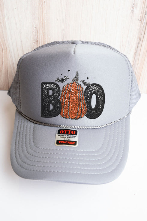 Faux Sequin Boo Transfer Otto Gray Foam Front Trucker Hat