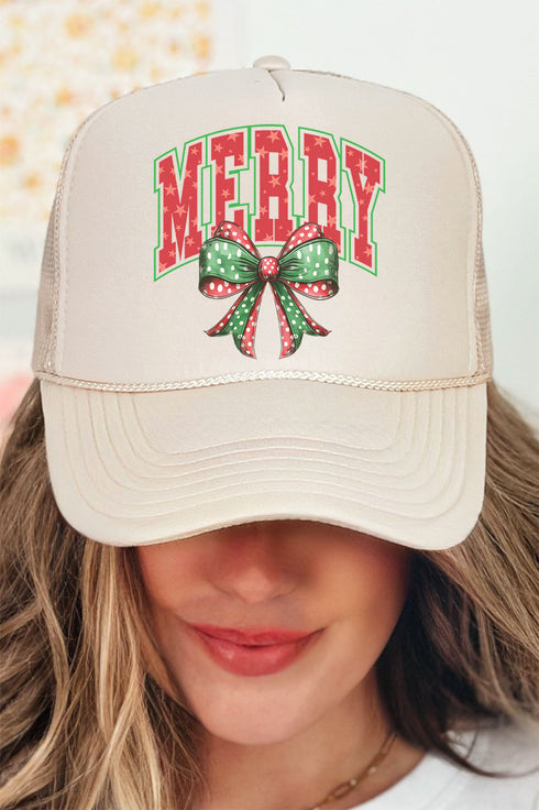Arched Red and Green Merry Otto Khaki Foam Front Trucker Hat