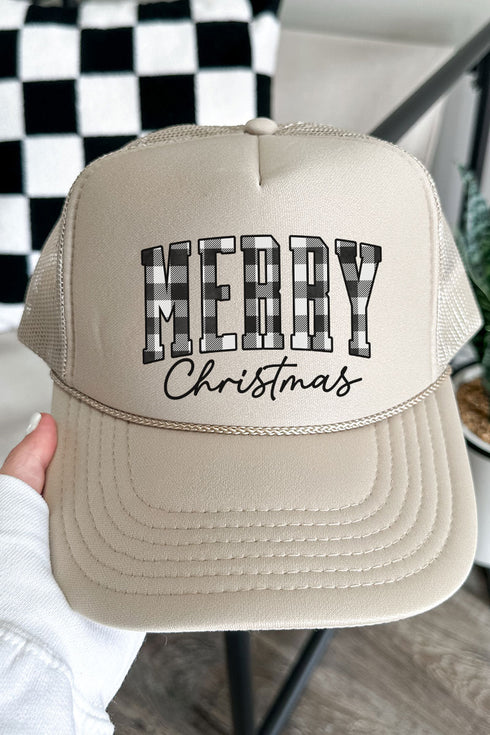 Black And White Buffalo Plaid Merry Christmas Otto Khaki Foam Front Trucker Hat