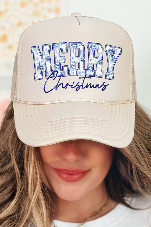 Chinoiserie Blue Merry Christmas Otto Khaki Foam Front Trucker Hat