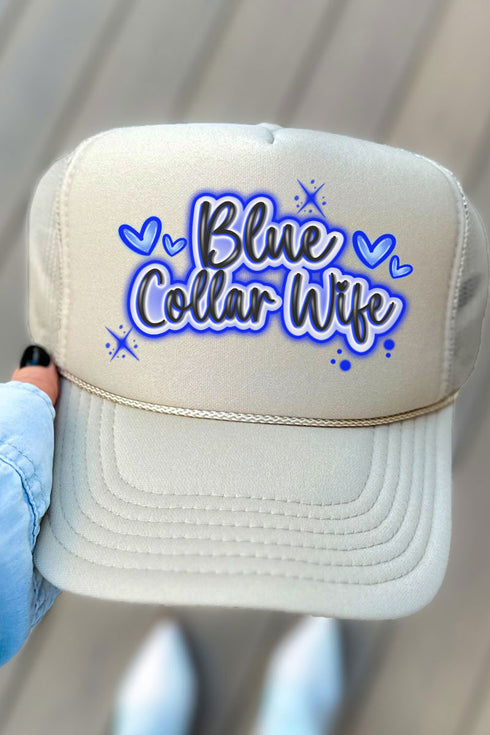 Faux Airbrush Blue Collar Wife Otto Khaki Foam Front Trucker Hat