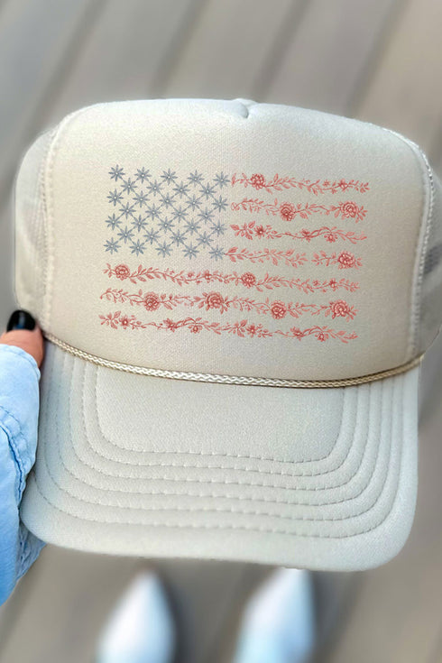 Floral United States Flag Otto Khaki Foam Front Trucker Hat