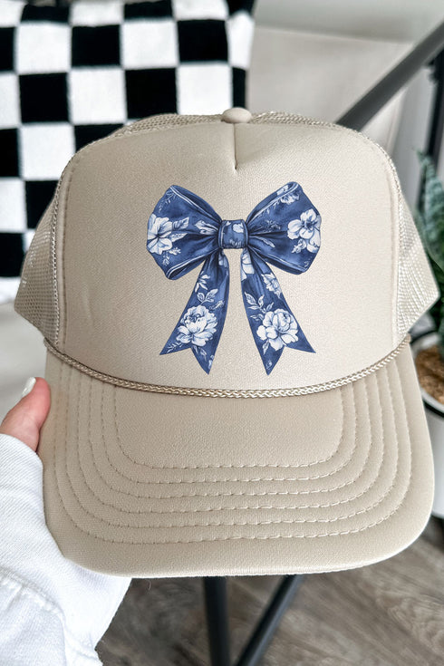 Imperial Blue Chinoiserie Bow Otto Khaki Foam Front Trucker Hat