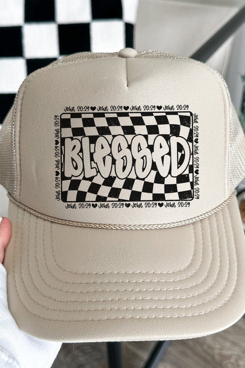 Wavy Checkered Blessed Otto Khaki Foam Front Trucker Hat