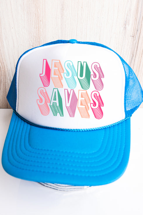 Stacked Jesus Saves Otto Neon Blue with White Foam Front Trucker Hat