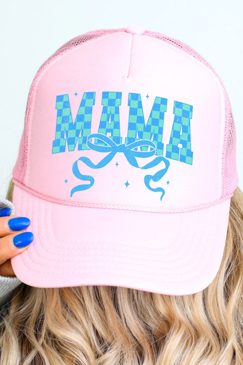Aqua Checkered Arched Mama Otto Soft Pink Foam Front Trucker Hat
