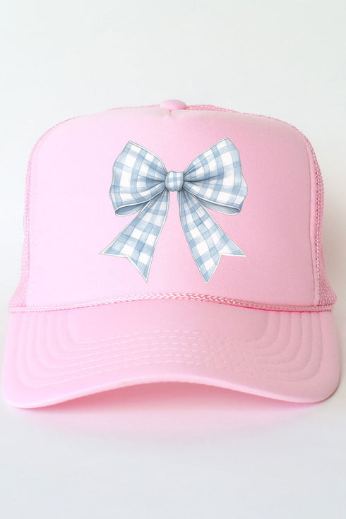 Blue Gingham Bow Otto Soft Pink Foam Front Trucker Hat
