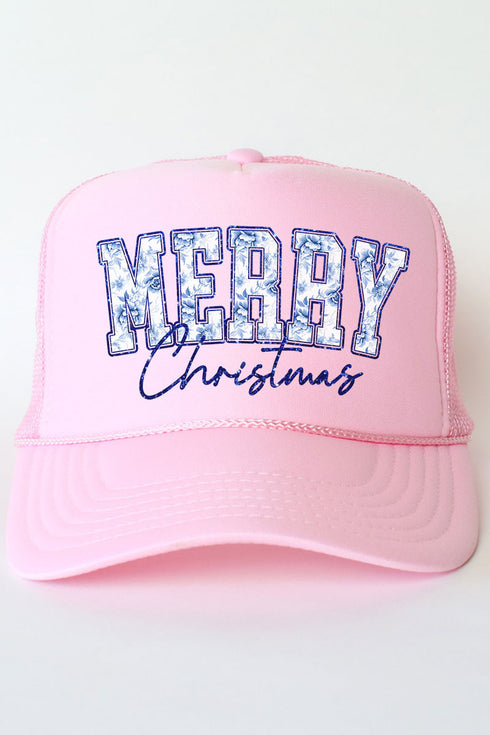 Chinoiserie Blue Merry Christmas Otto Soft Pink Foam Front Trucker Hat