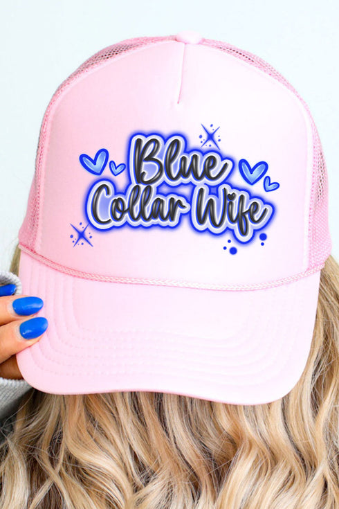 Faux Airbrush Blue Collar Wife Otto Soft Pink Foam Front Trucker Hat