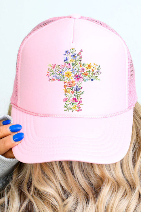 Watercolor Floral Cross Otto Soft Pink Foam Front Trucker Hat