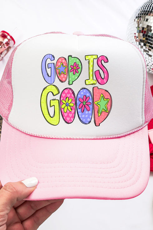 Doodle God Is Good Otto Soft Pink with White Foam Front Trucker Hat