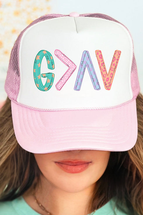 God Is Greater Otto Soft Pink with White Foam Front Trucker Hat