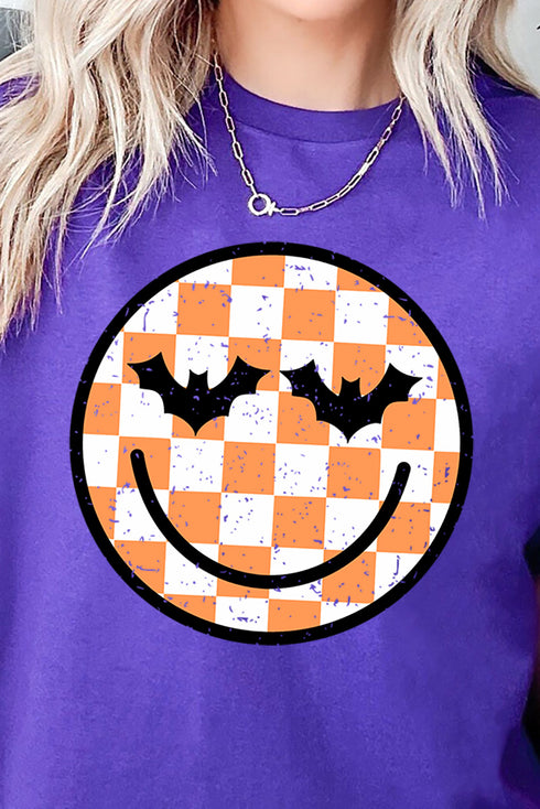 Batty Checkered Happy Face Short Sleeve Relaxed Fit T-Shirt
