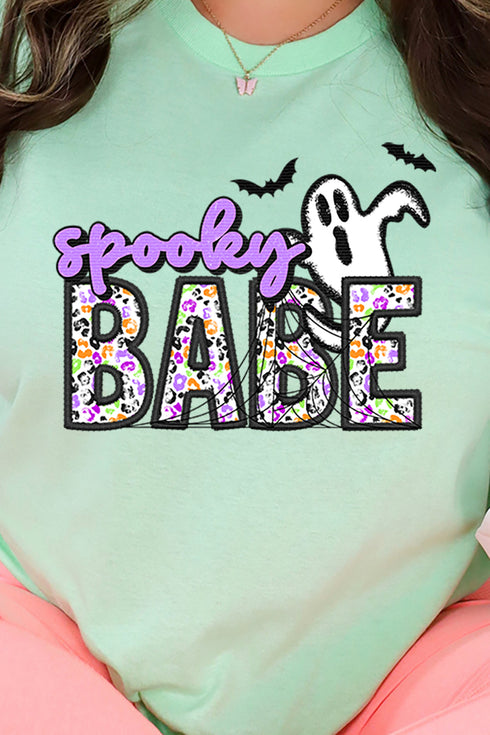 Faux Embroidery Spooky Babe Transfer Short Sleeve Relaxed Fit T-Shirt