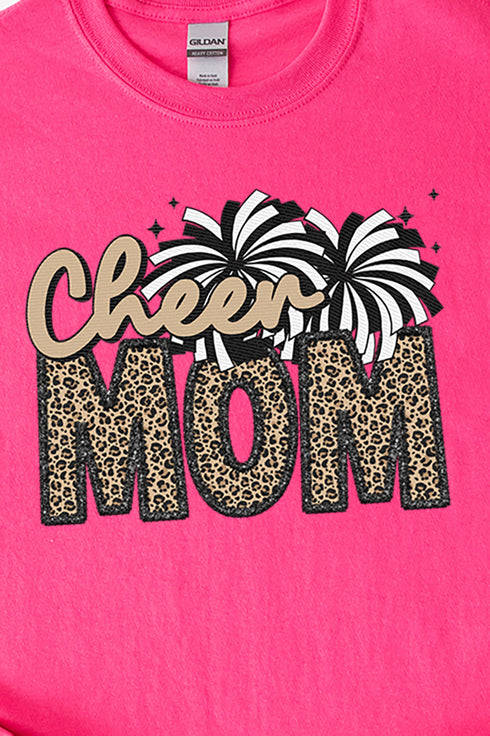 Faux Embroidery Cheer Mom Transfer Short Sleeve Relaxed Fit T-Shirt