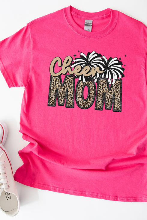 Faux Embroidery Cheer Mom Transfer Short Sleeve Relaxed Fit T-Shirt