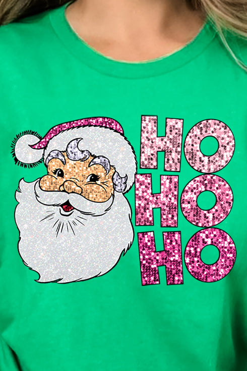 Faux Sequin Ho Ho Ho Santa Transfer Short Sleeve Relaxed Fit T-Shirt
