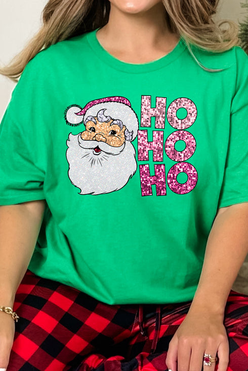 Faux Sequin Ho Ho Ho Santa Transfer Short Sleeve Relaxed Fit T-Shirt